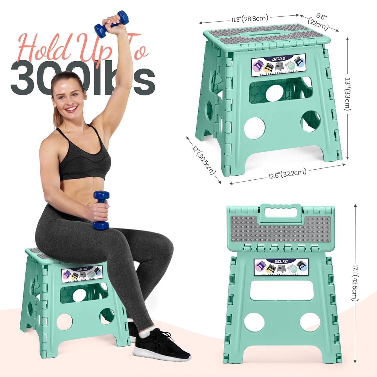 Delxo Folding Step Stool 13 Inch,300 Lbs Step Stool for Adults Green, Dot Green
