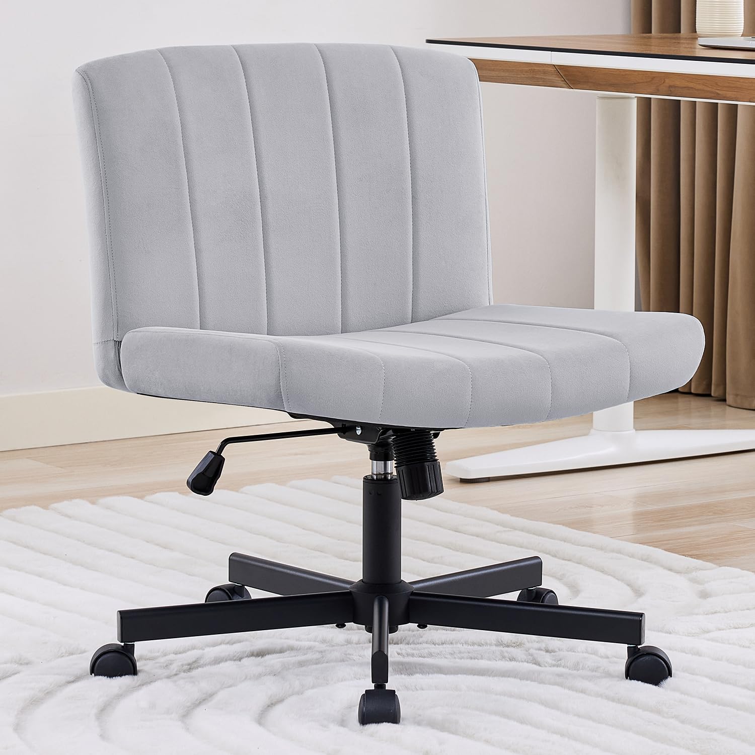 Lukkdys Criss Cross Chair with Wheels, Wide Cross Legged Desk Chair, Comfy Fabric Vanity Chair for Home Office Bedroom, Adjustable Armless