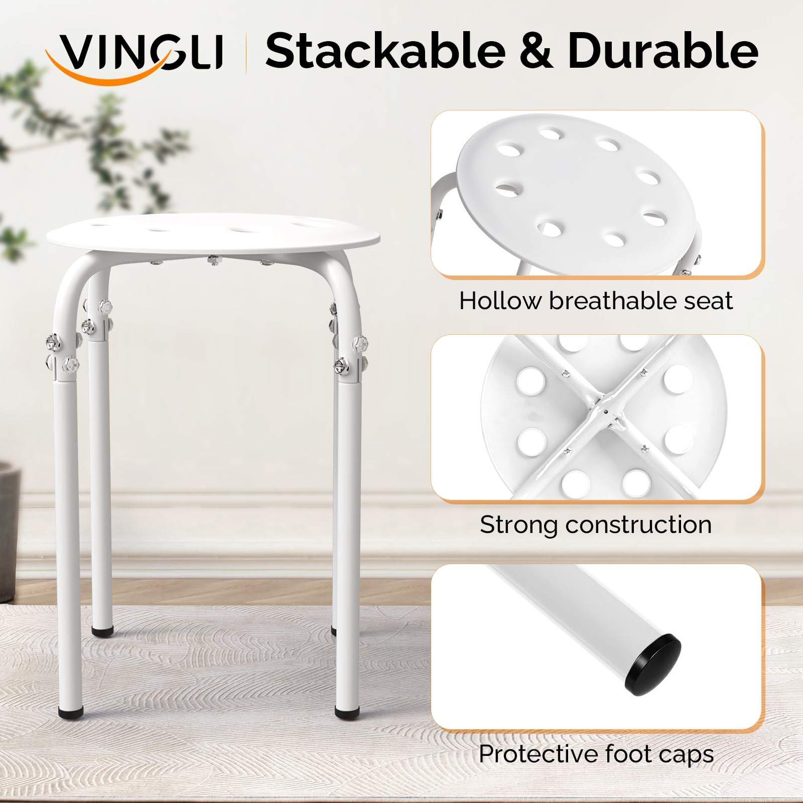 Vingli 6 Pack Round Plastic Stackable Stools for Home Office, White