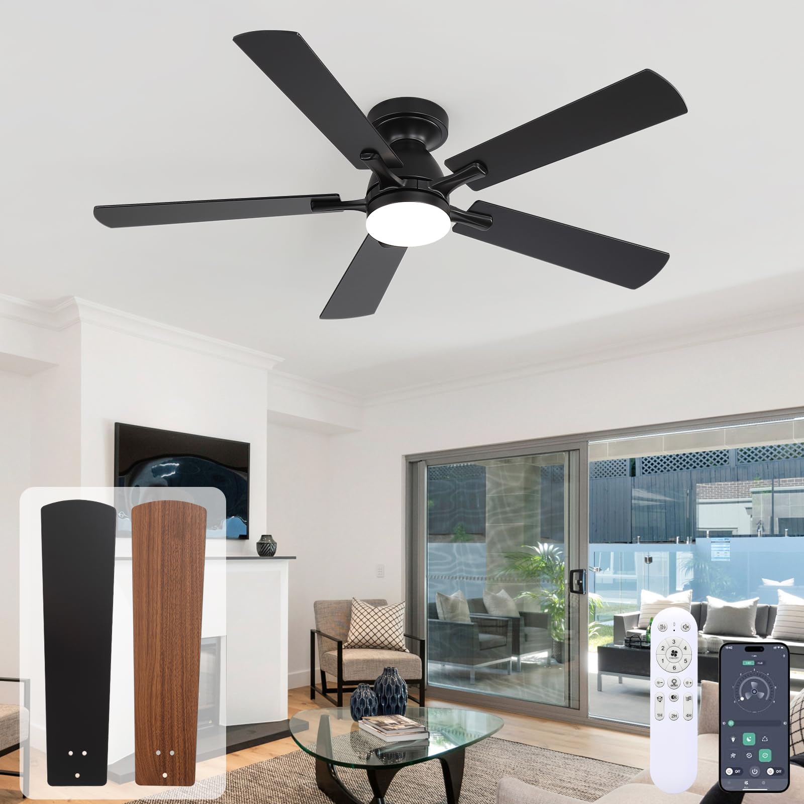 52 Inch Ceiling Fan with Lights, Black Modern Low Profile Flush Mount Fan, App&Remote Control, Dimmable LED 3 Color Temperatures, Quiet Reversible DC Motor, 6 Speeds Timer for Bedroom LivingRoom Patio