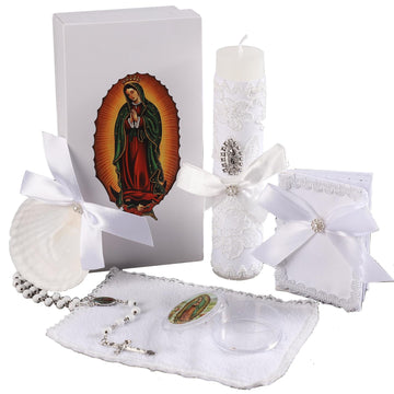 Baptism Candle Set for Boys and Girls,5 PCS Baptism Kit Virgen De Guadalupe Catholic Candle,Baptism Towel,Baptismal Shell,Rosary,Bible for Baptismal Christening Gift,Velas para Bautizo De Niño o Niña