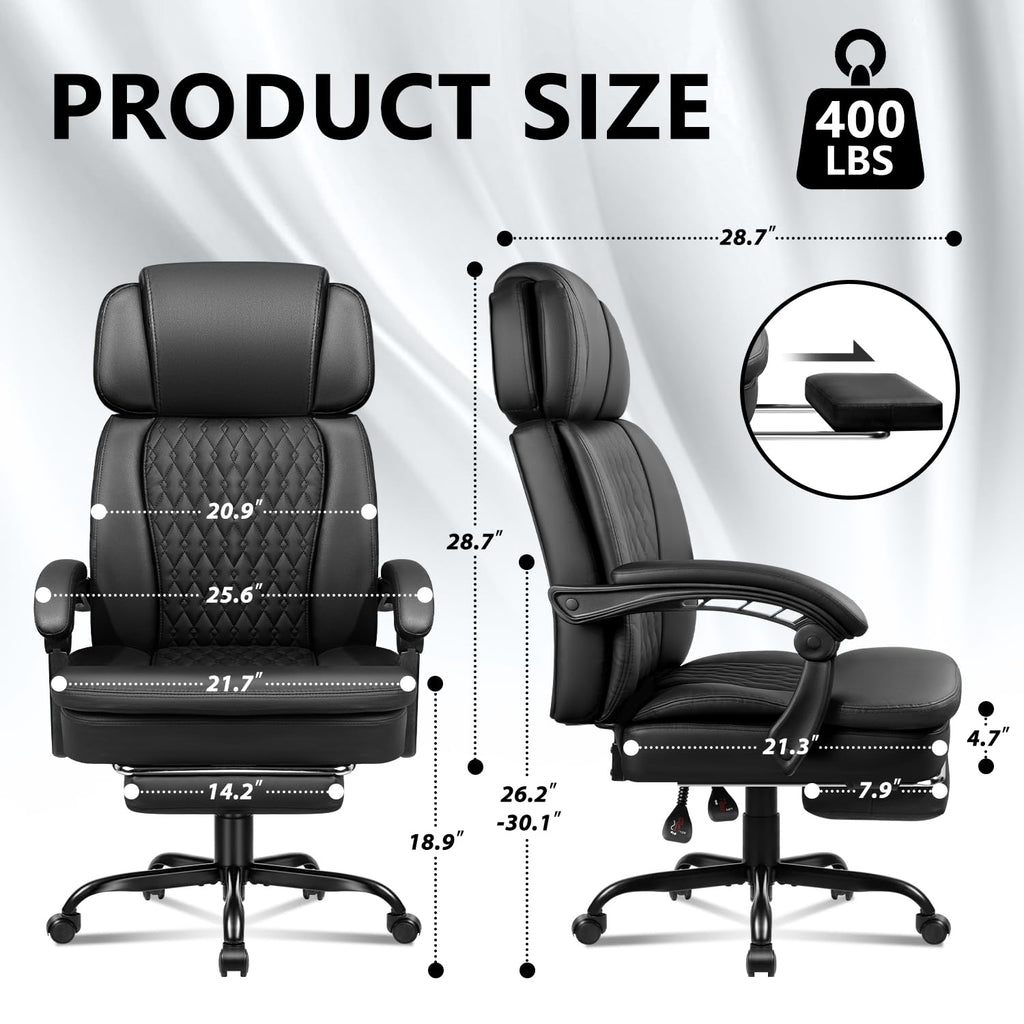 Vendorz Office Chair with Foot Rest 400lbs, High Back Leather Office Chair Big and Tall, Heavy Duty Ergonomic Executive Desk Chair for Home