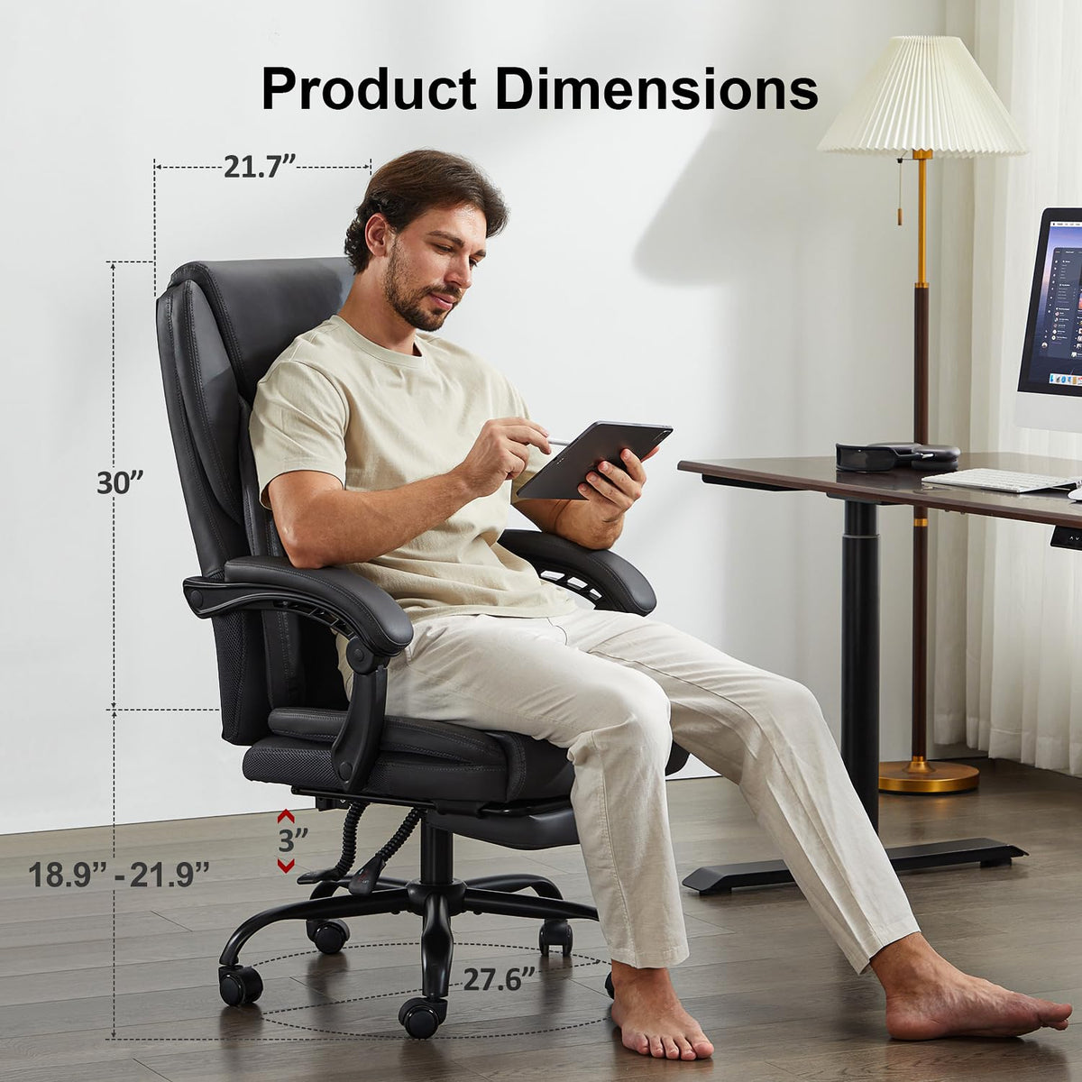 Amseatec Office Chair,big and Tall 400lbs with Footrest, Ergonomic with Adjustable Backrest, Reclining Computer Chair with Double Lumbar