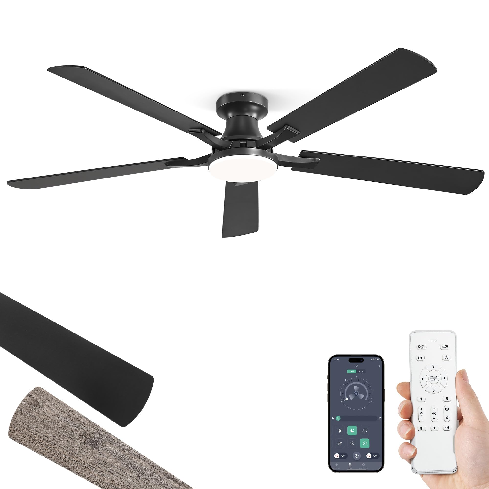 ZMISHIBO 60 Inch Ceiling Fan with Light, App&Remote Control, Flush Mount Low Profile, Dimmable 20W LED Light, Quiet Reversible Motor for Bedroom, Living Room, Apartment, Black
