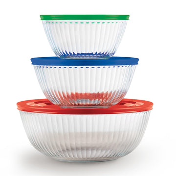 Pyrex Sculpted (3-Pack) Glass Mixing Bowls Set With Plastic Lids For Prepping, Baking and Cooking, Preheated Oven, Dishwasher, Freezer, and Microwave Safe