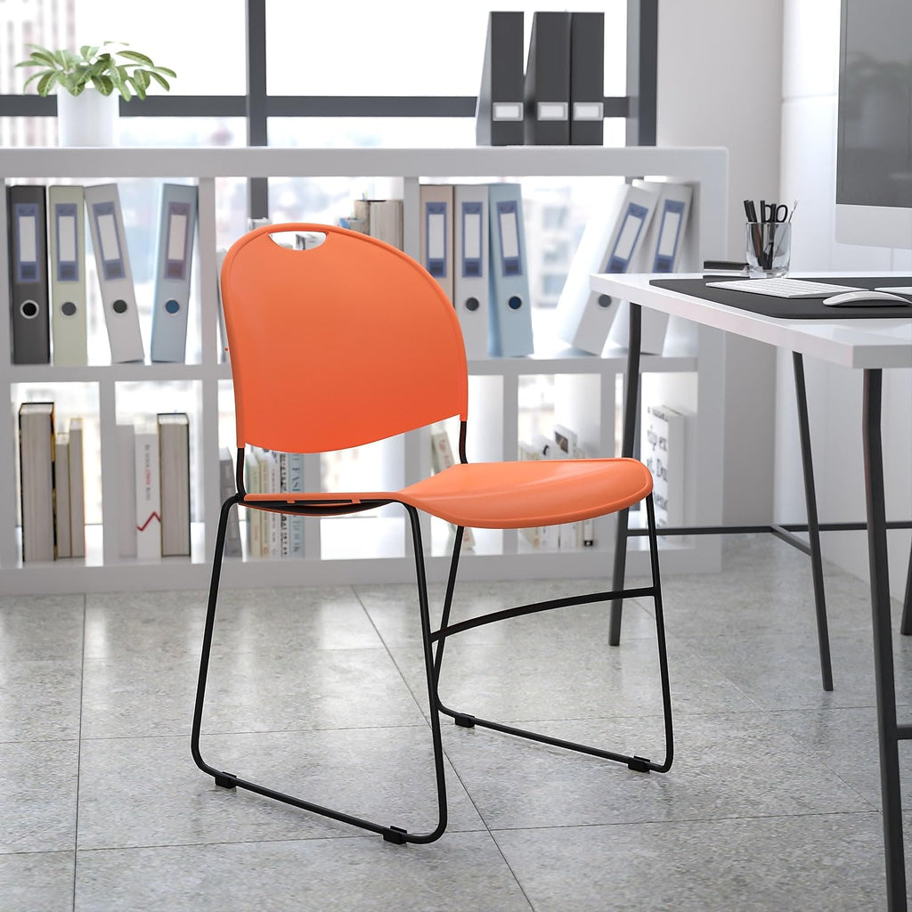 Flash Furniture Hercules Series 880 Lb. Capacity Orange Ultra-compact Stack Chair with Black Powder Coated Frame, Set of 1, Orange