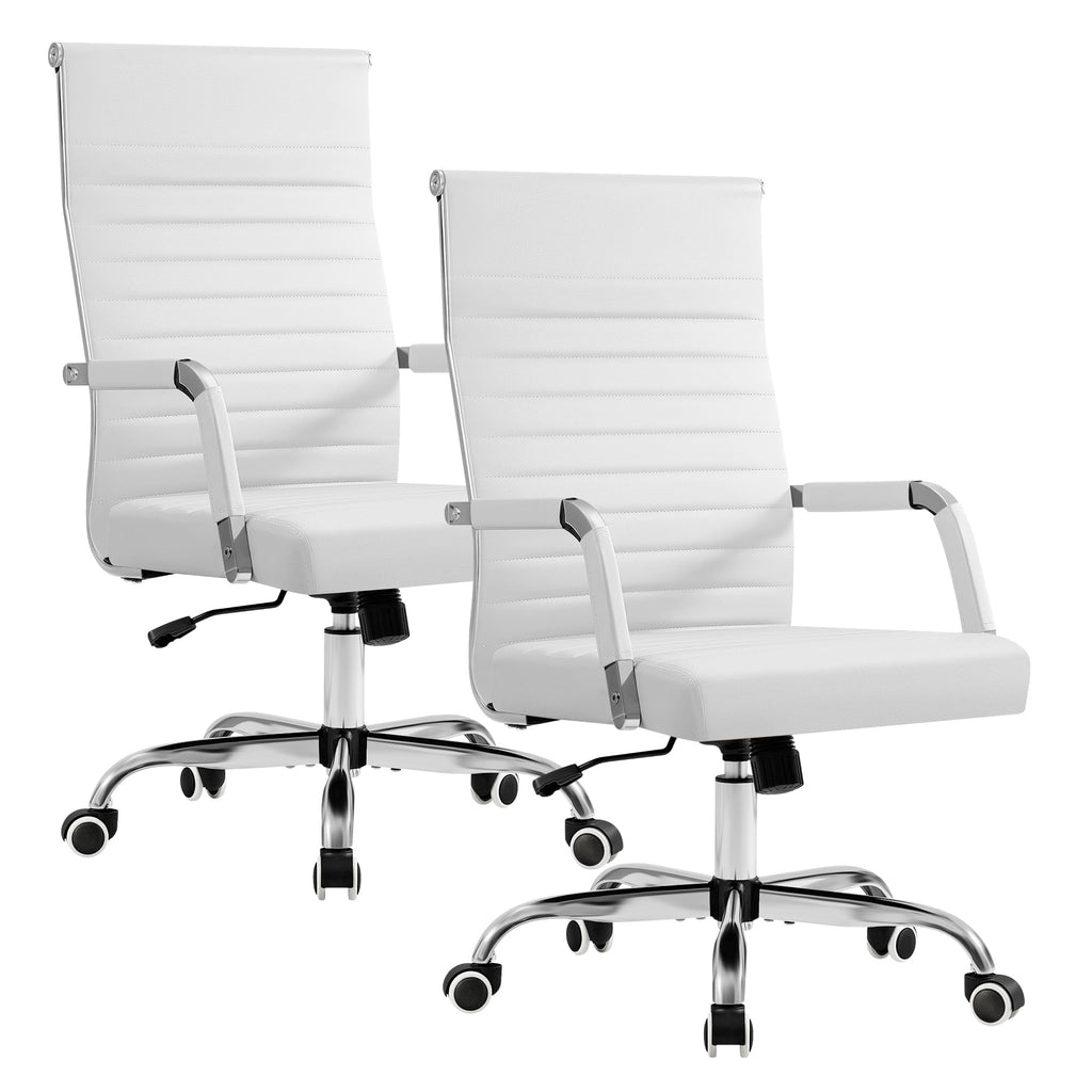 Furmax Ergonomic Office Desk Chair, Executive Ribbed Mid-back Pu Leather Conference Room Chair Adjustable Swivel Chair with Arms (2, White)