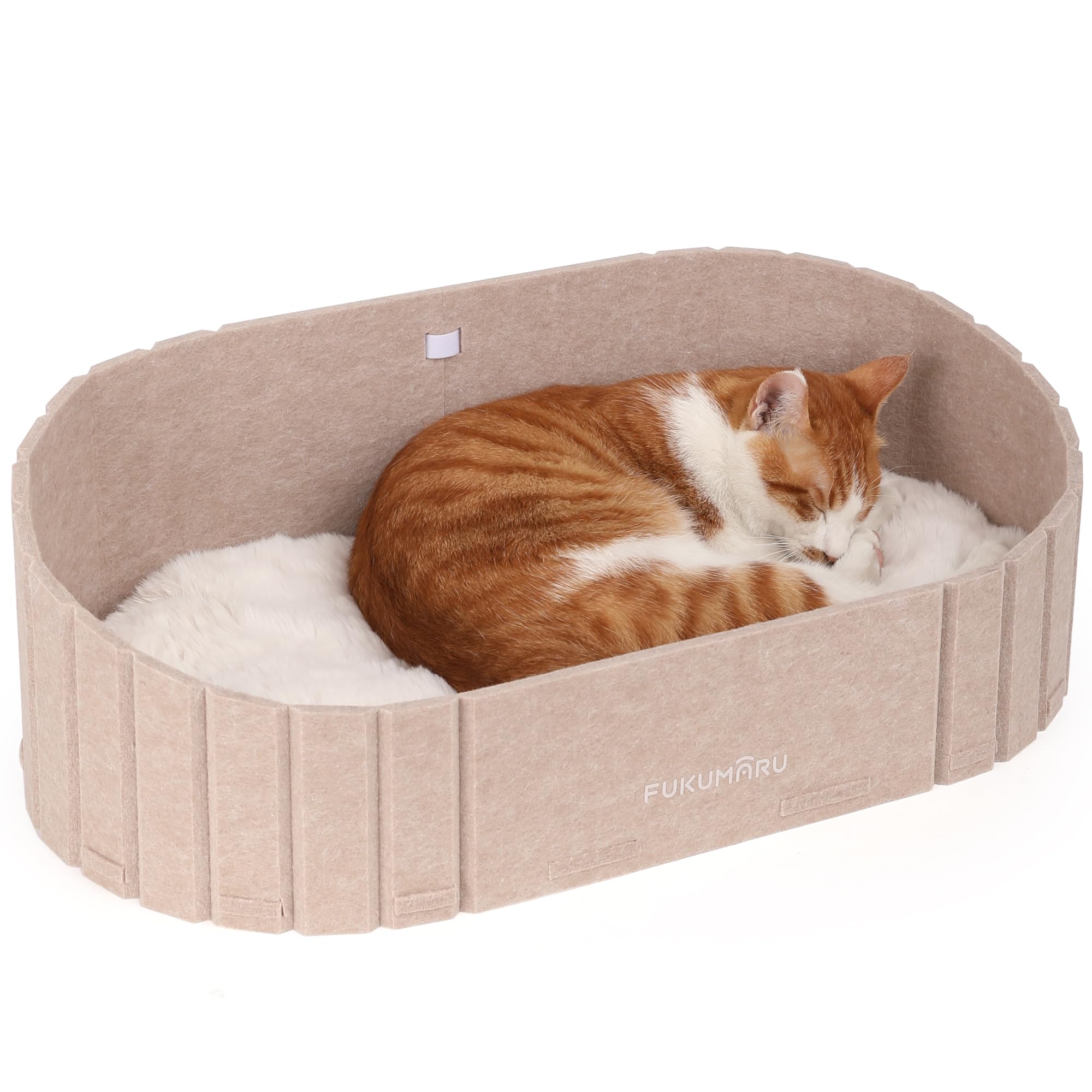 FUKUMARU Cat Beds for Indoor Cats, 24 Inch Large Cat Couch Bed with Cozy Faux Rabbit Fur Cushion, Felt Cats House Sofa in Oval Shape, Camel
