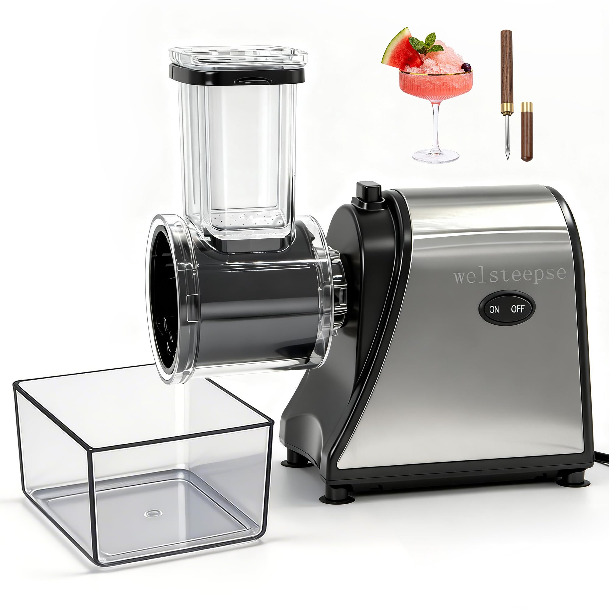 Snow Cone Machine & Shaved Ice Machine, Crushed Ice Maker in Stainless Steel Metal Design with Ice Pick & Tray – Powerful Motor, Sharp Blades, Fast Ice Shaving for Home, Parties