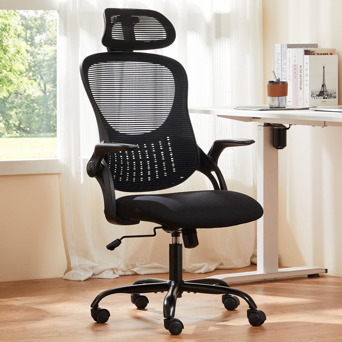 Sweetcrispy Home Office Managerial Executive Chair, High-back Mesh with Adjustable Headrest, Flip-up Armrest Comfortable Lumbar Support, Comfy