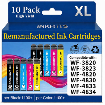 Remanufactured Ink Cartridges Replacement for Epson 822XL Ink Cartridges Combo Pack for Epson 822 XL to use with Workforce Pro WF-3820 WF-4820 WF-3823 WF-4833 WF-4830 (10 Pack, Latest Chip)