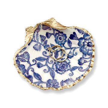 Blue Floral Lace Trinket with Pearl Earrings, Chinoiserie Home Decor Jewelry Ring Dish Gifts for Women Mom Mother Wife Bride Birthday Wedding Engagement Valentines Mothers Day Room Decor Gift Box