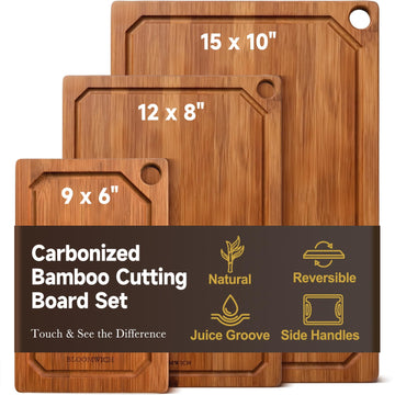 Carbonized Bamboo Cutting Boards for Kitchen Set of 3 Knife-Friendly