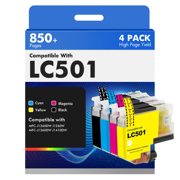 LC501 MFC-J1360DW Ink Cartridges for Brother Printer LC501XL LC 501 Series Inks for Brother Work Smart 1360 MFC-J1260W MFC-J1260DW MFC-J1410DW MFCJ1360DW MFC J1360DW (4Pack Black Cyan Magenta Yellow)