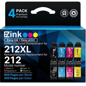 E-Z Ink Remanufactured Ink Cartridge Replacement for Epson 212XL Ink Cartridges Combo Pack for 212 Ink Cartridges for XP-4100 XP-4105 WF-2830 WF-2850 Printer (4 Packs, Black Cyan Magenta Yellow)