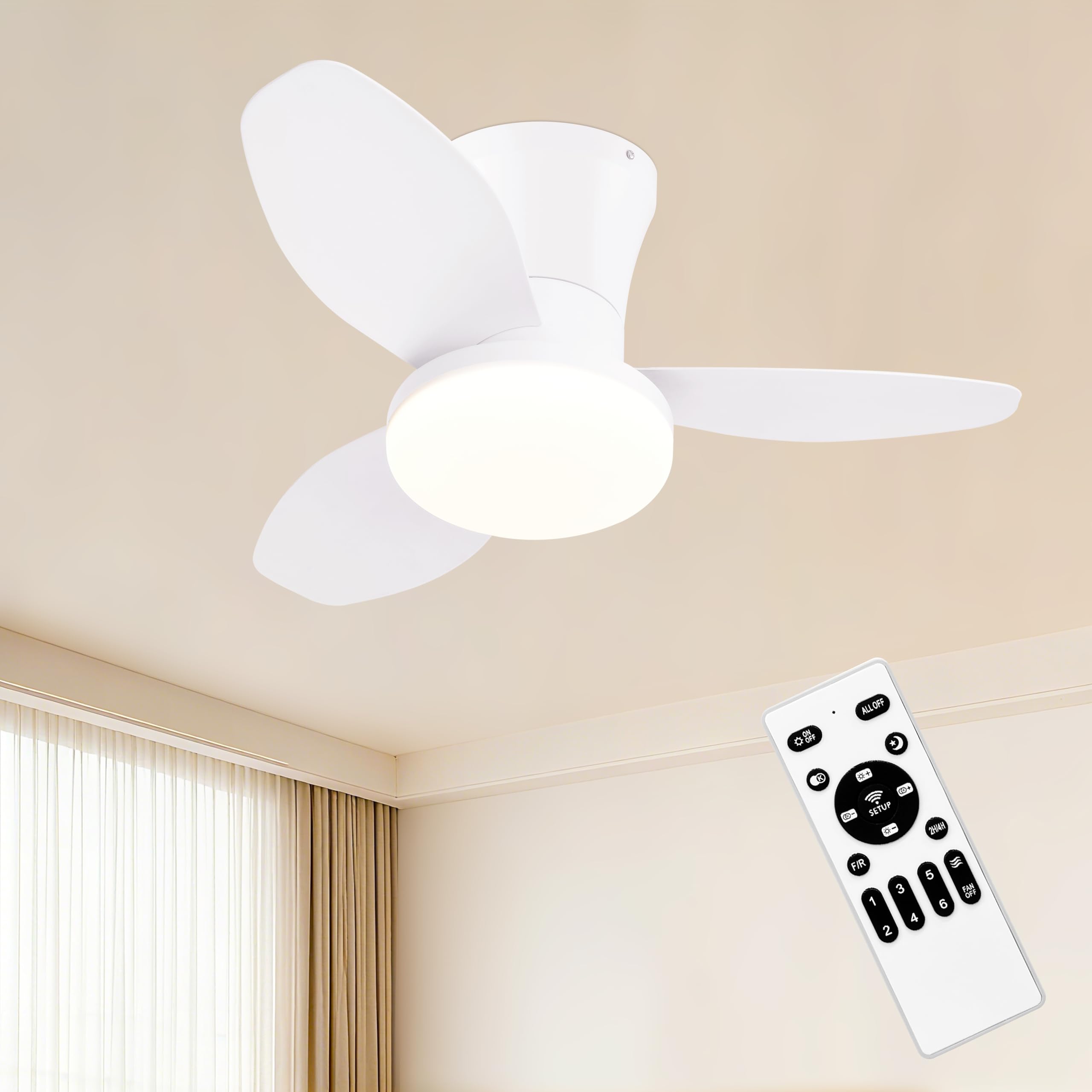 Small Ceiling Fan with Light Flush Mount White Fan Lights with Remote Control Dimmable Led Ceiling Light Fixture 3 Fan Flaps for Kids Bedroom Living Room Garage Kitchen Modern 25 Inch