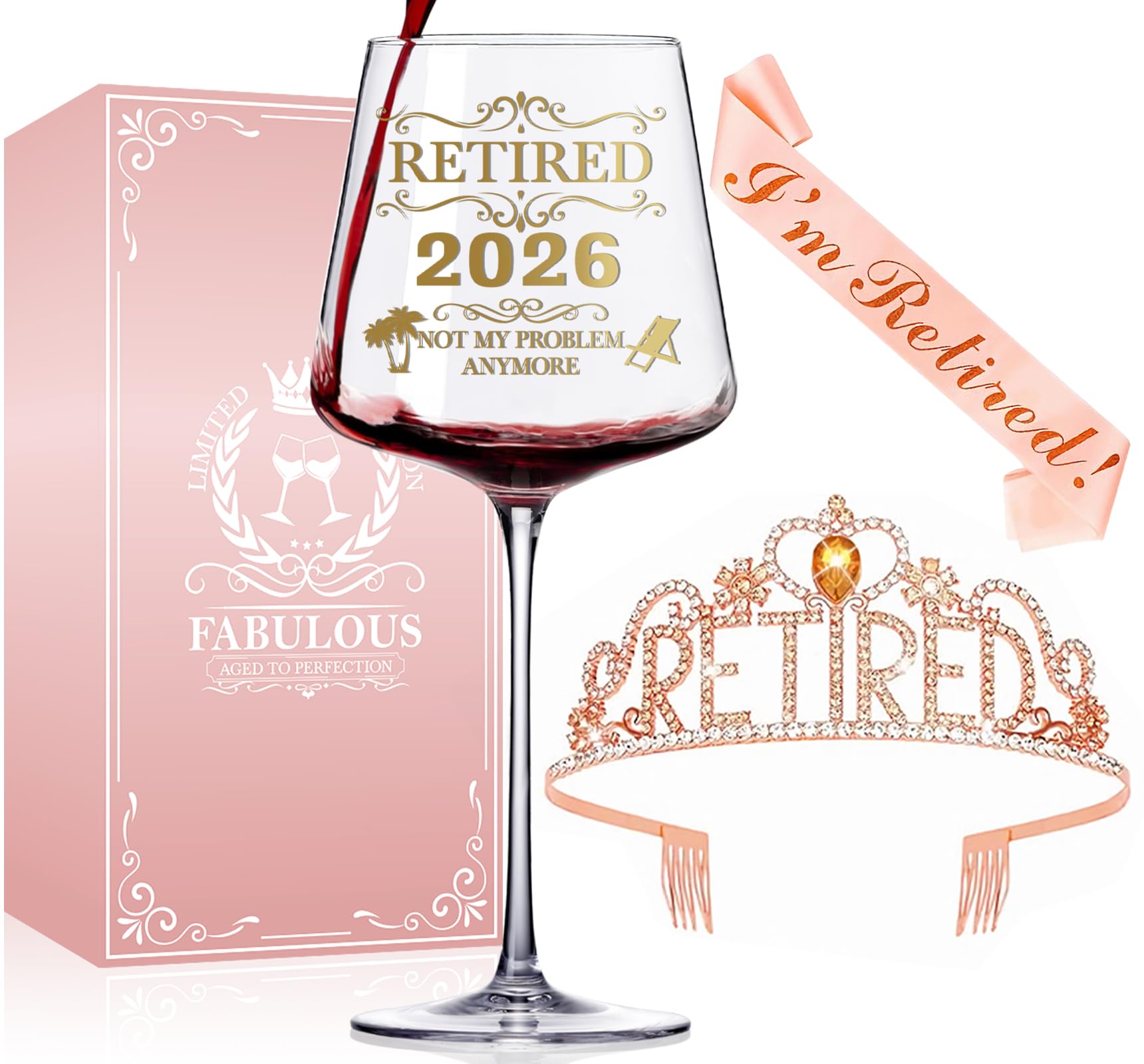 Retirement Gifts for Women her 2026-retired gifts for women 15oz Retired wine glasses with RETIRED Crown & Sash,Retirement Party Decorations & Happy Farewell Gifts for Coworkers