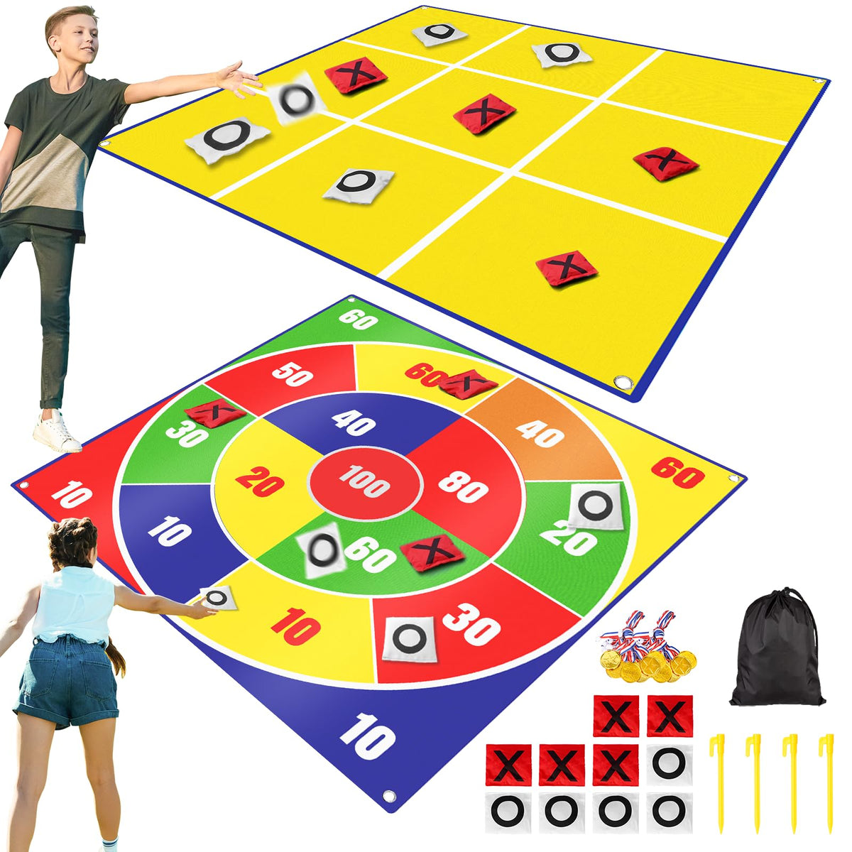 2-in-1 Giant Bean Bag Toss & Large Tic Tac Toe Outdoor Games for Kids Adults-4.5ft Giant Outside Lawn Yard Camping Field Day Games for Kid Family-Backyard Fun Carnival Outdoor Giant Yard Games