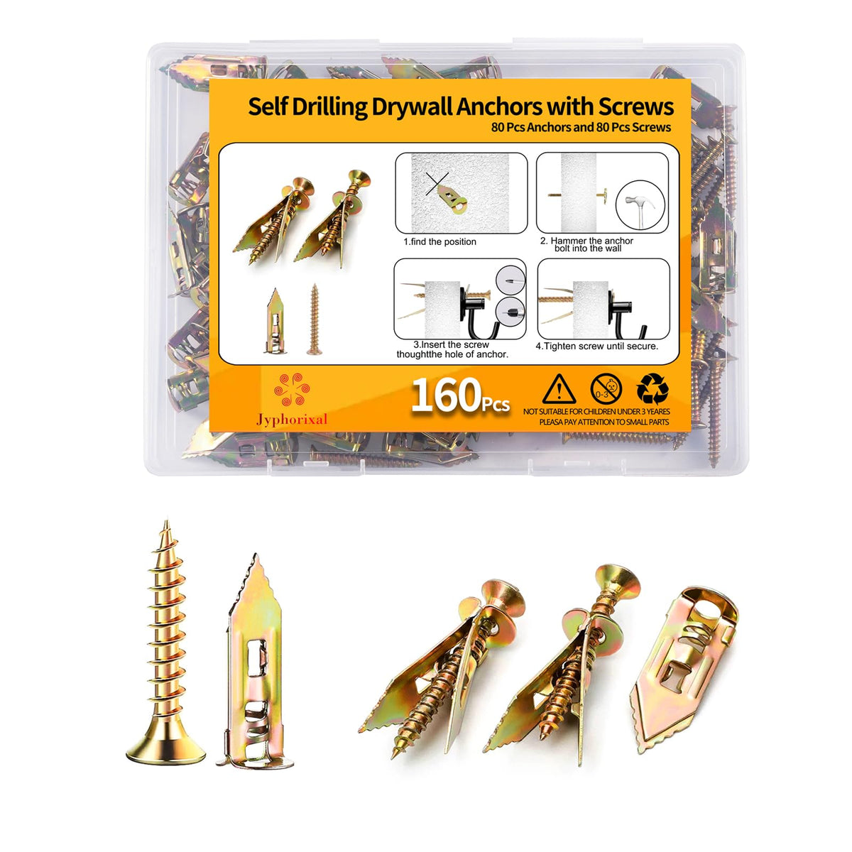 Jyphorixal 160 PCS Self Drilling Drywall Anchors with Screws Kit, Heavy Duty Metal Wall Anchors for Drywall, Sheetrock Anchors 0.47x1.18inch with Screws, No Drill Dry Wall Anchors and Screws Kit