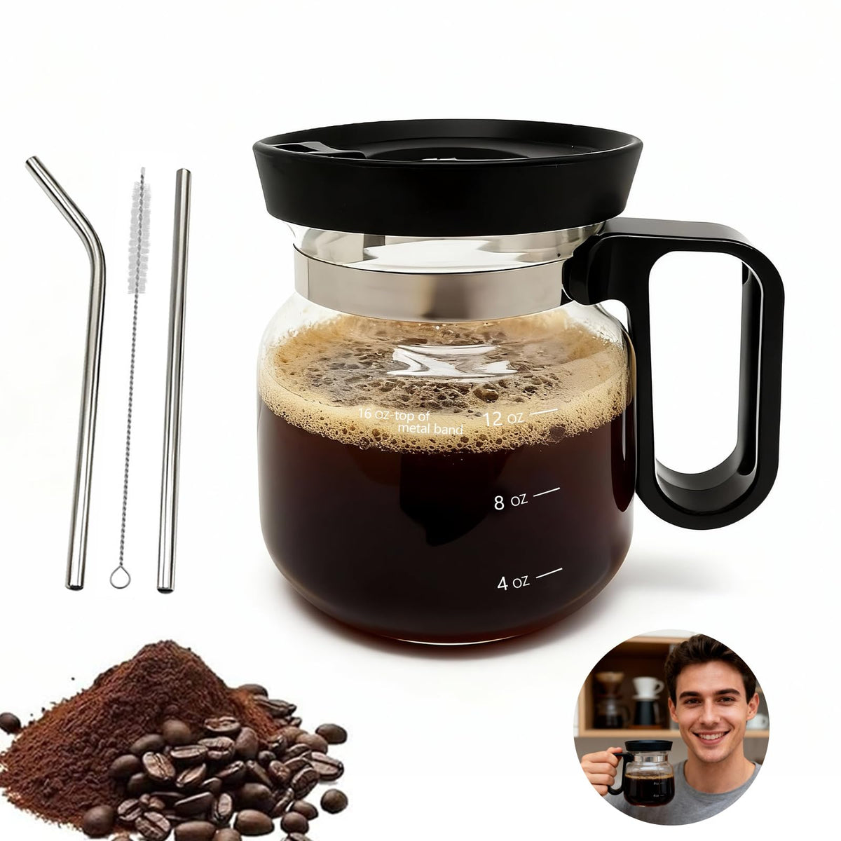 16oz Coffee Pot Mug, Heat Resistant Borosilicate Glass Mug with Straw & Cleaning Brush, Portable Travel Office Cup for Coffee Milk Tea Hot & Cold Drinks, Ideal All-Occasion Gift for Birthday Holiday.