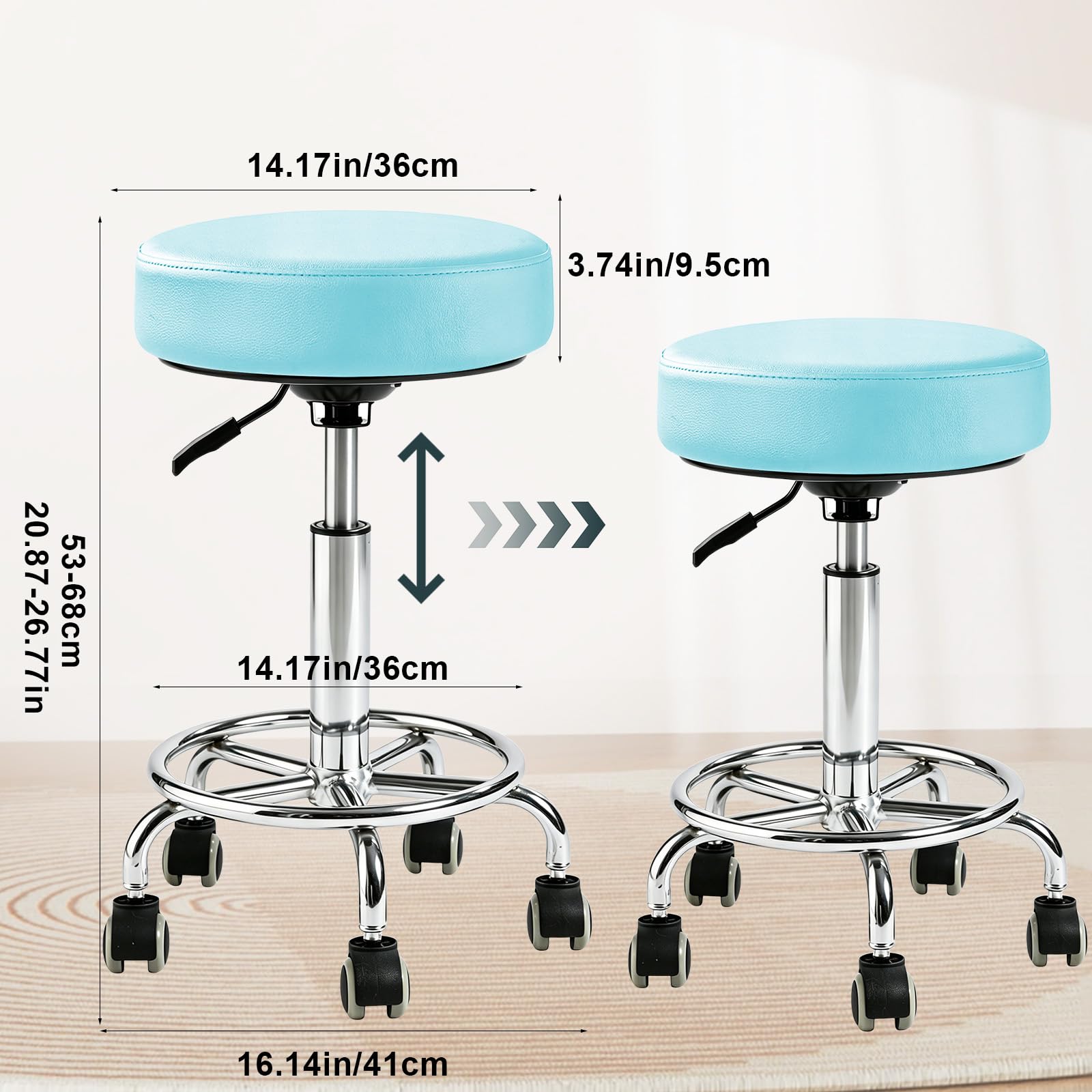 Limkomes 500lb Heavy-duty Adjustable Stool with Wheels, Round Rolling Chair, No backrest, Blue