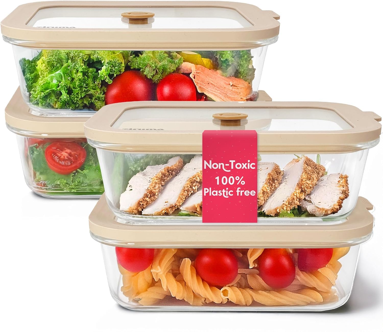 Non-Toxic 35 Oz (4.4 Cup) Glass Storage Containers with Lids – Plastic Free Meal Prep Containers for Lunch, Airtight Food Storage, Microwave and Freezer Safe, 4 Pack - Ziruma