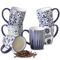 HASENSE Coffee Mugs Set of 6, 15OZ Ceramic Coffee Mugs with Blue and White Floral Patterns, Elegant Large Coffee Cups for Coffee, Tea, Latte & Cappuccino, Microwave & Dishwasher Safe, Vintage Blue