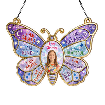 Upload Photo I Am Smart Kind Brave Butterfly - Personalized Acrylic Suncatcher, Custom Picture Affirmation Window Hanging, Inspirational Kids Room Decor, Motivational Rainbow Maker