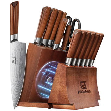 Kitchen Knife Sets With Block, Piklohas 15 Pieces Knife Sets With Magnetic Detachable Knife Holder, High Carbon Steel Damascus Pattern Chef Knife Set With Steak Knives, Ideal For House Warming Gift