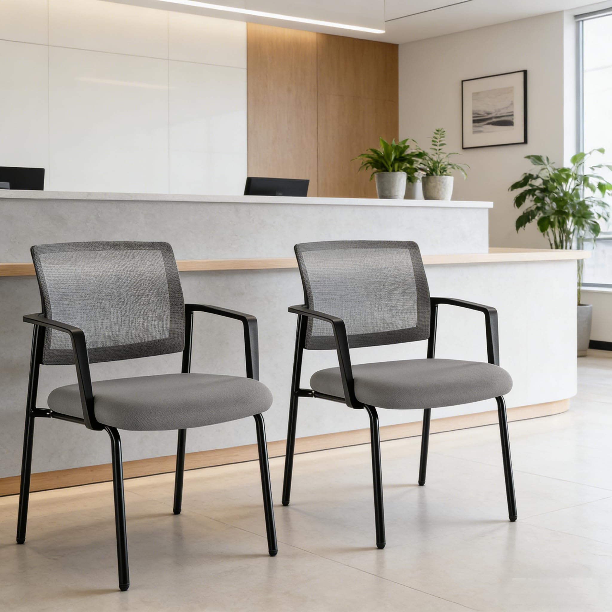 Simple Deluxe 2 Pack Guest Waiting Room Office Arm Chairs, Mesh Back & Ergonomic Support, Stacking Padded Fabric Seat, No Wheel for Reception