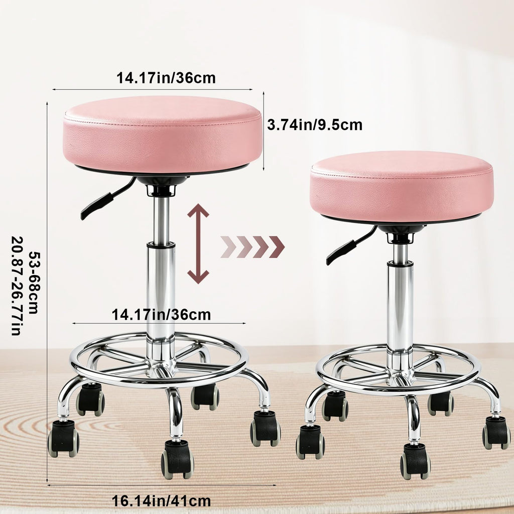 Limkomes 500lb Heavy-duty Adjustable Stool with Wheels, Round Rolling Chair, Standard, Pink
