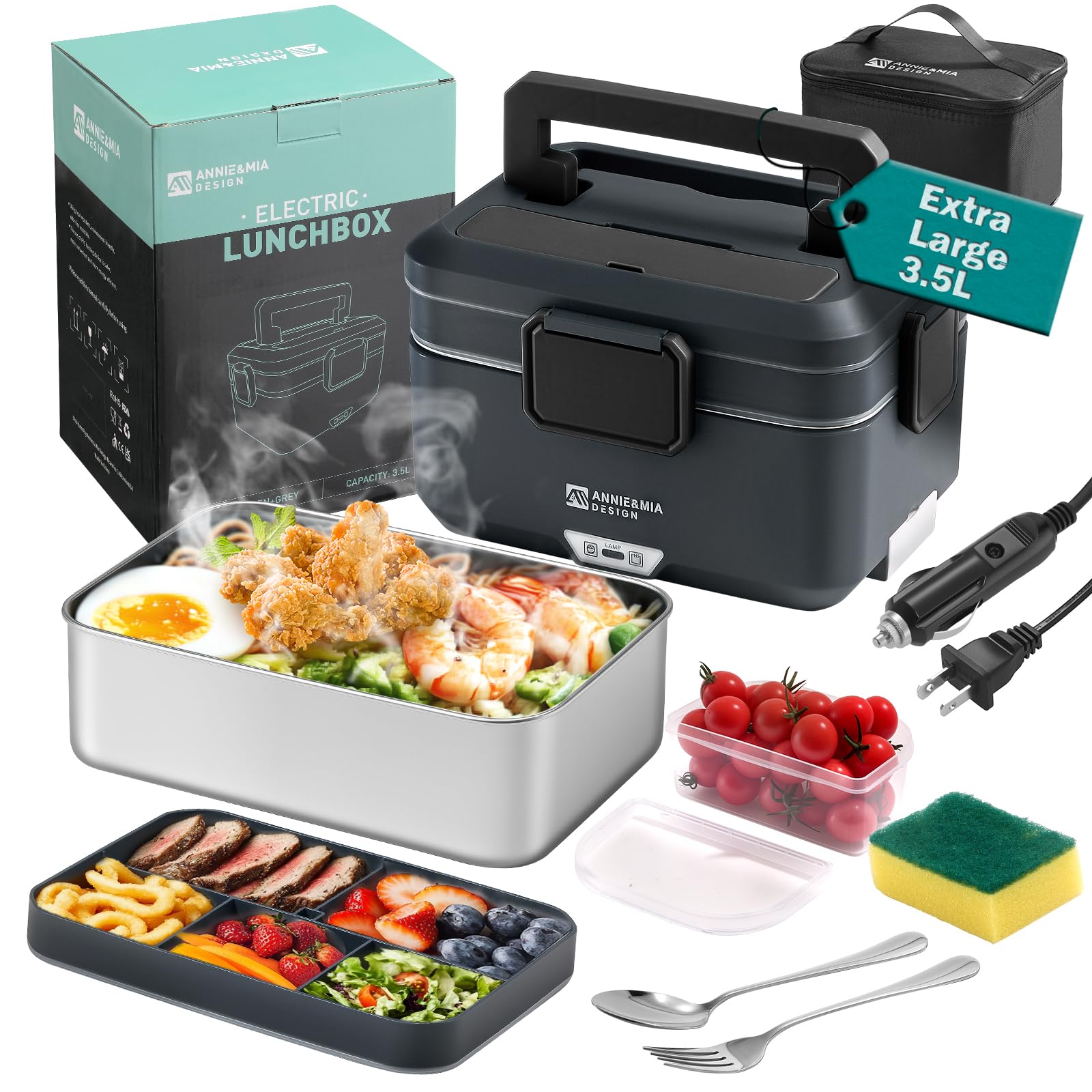 Electric Lunch Box for Adults, 100w 3.5L 2-Layer Portable Food Warmer, Dual Mode 2.5L + 1L Heated Lunch Box for Adults, Home/Car/Office/Truck Use, Lonchera Eléctrica Portátil