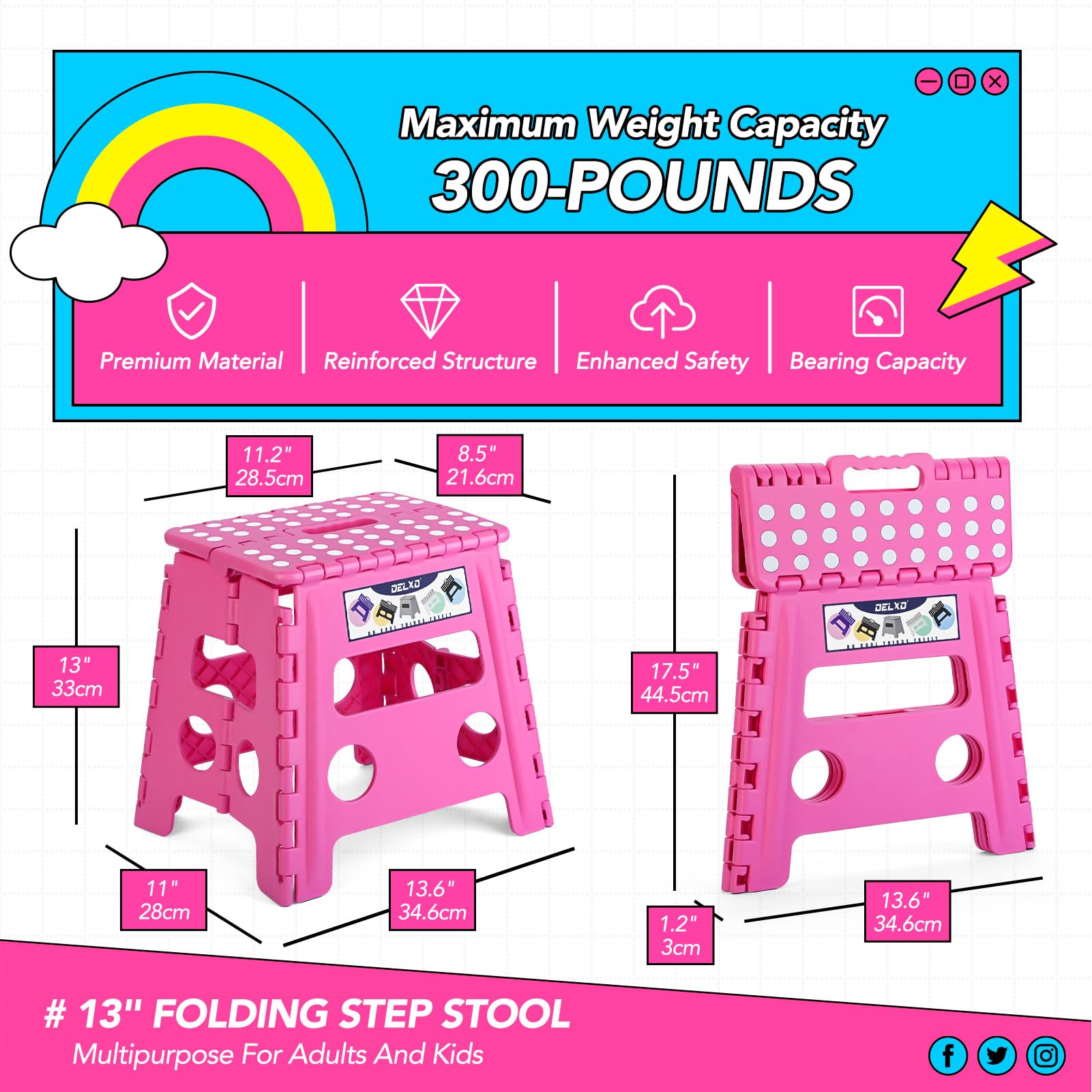 Delxo Folding Step Stool 13 Inch,300 Lbs Step Stool for Adults Pink