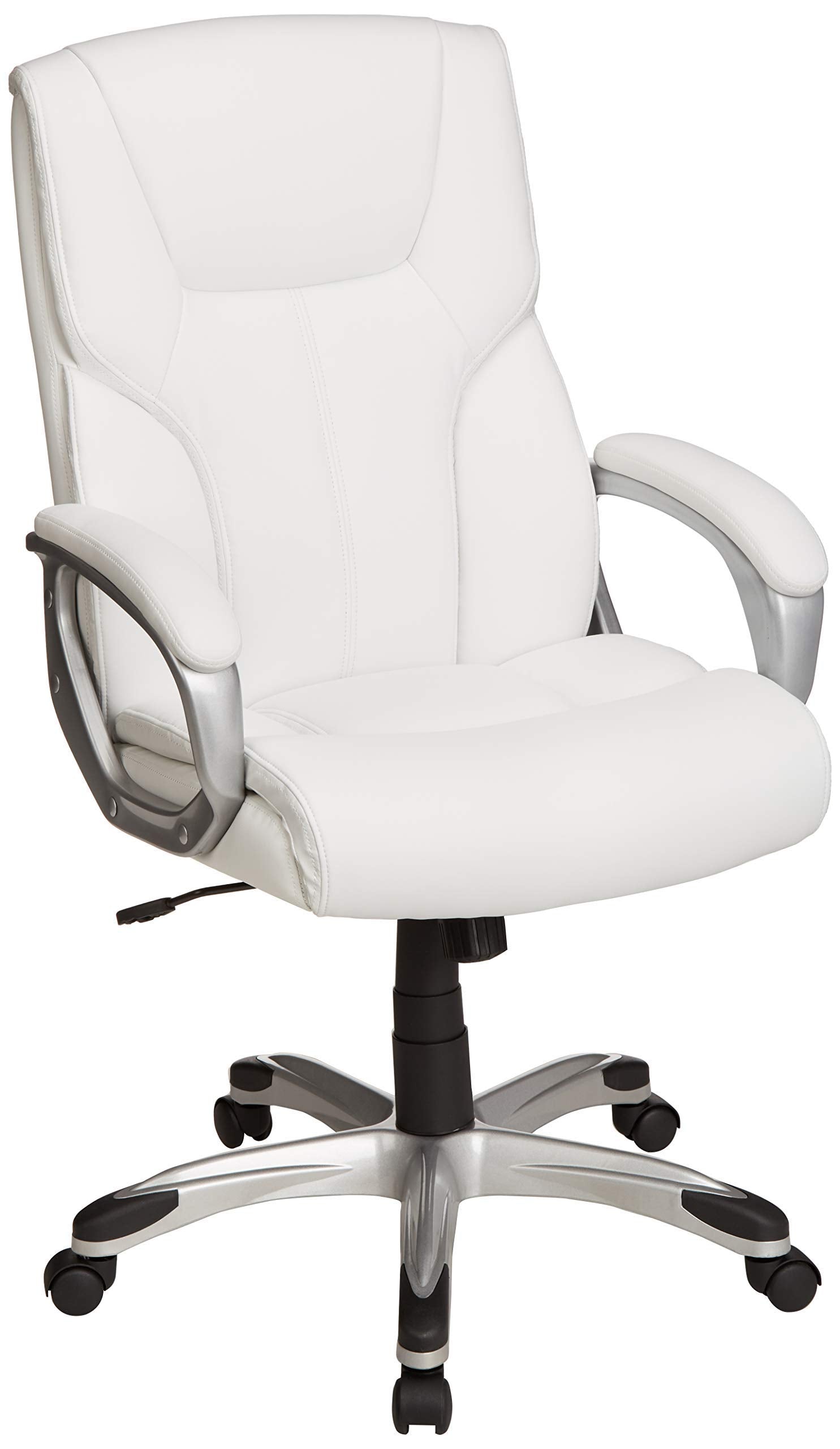 Basics Executive High Back Office Desk Chair, Adjustable Height, Tilt, Swivel, 275lb Capacity, Bonded Leather, White/pewter