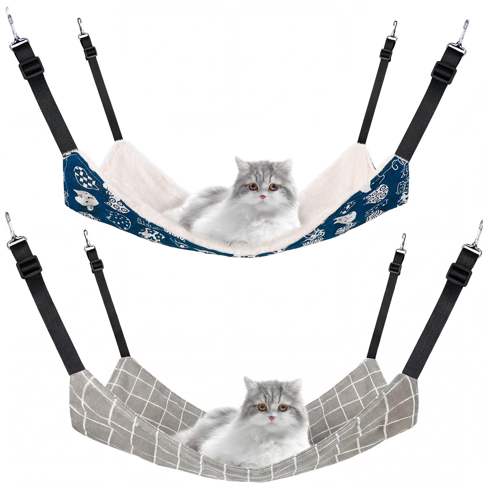 Jetec 2 Pack Cat Hammock for Cage, Catio Accessories Reversible Soft Cats Bed with Adjustable Straps and Hooks Double-Sided Linen and Fleece Hanging Hammock for Cats, Kitten(Cat and Plaid,L)
