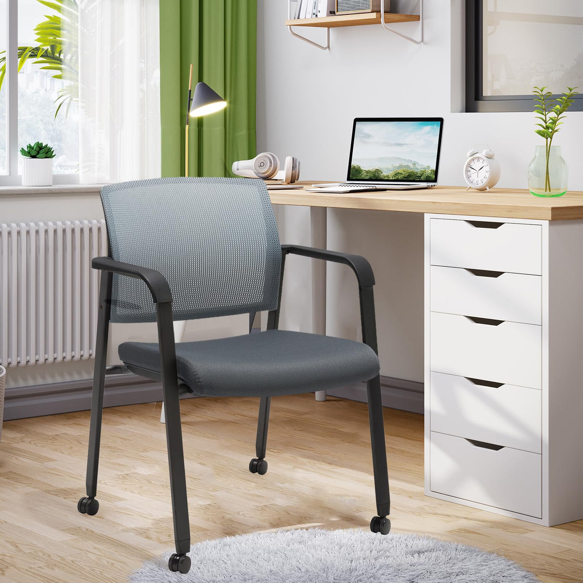 Clatina Mesh Back Stacking Arm Chairs with Upholstered Fabric Seat and Ergonomic Lumbar Support for Office School Church Guest Reception