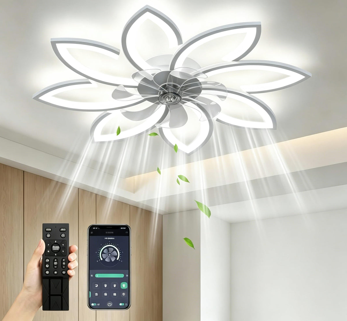 35" Ceiling Fans With Lights and Remote,Low Profile Ceiling Fan 6 Speed Super Quiet Reversible Motor,Modern Ceiling Fan With 3 color Stepless Dimmable for Bedroom/Living Room/kitchen(White)
