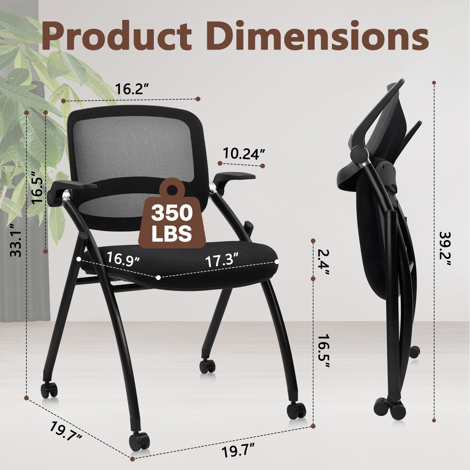 Clatina Stackable & Foldable Conference Chair with Wheels, Ergonomic Mesh Back, 300lbs Capacity, Breathable Padded Seat, Adjustable Armrests,