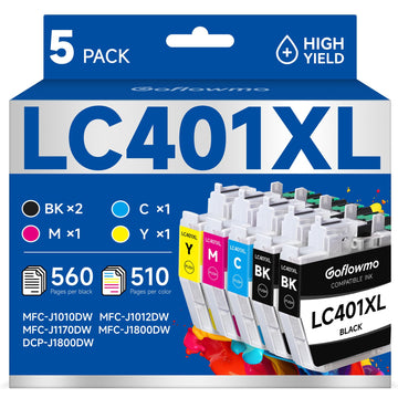 LC401XL Ink Cartridges Compatible for Brother Printer LC401 LC 401XL 5-Pack | High Yield, LC 401 XL Works with MFC-J1010DW MFC-J1170DW MFC-J1012DW MFC-J1800DW Ink (2 Black, 1 Cyan, 1 Magenta, 1 Yellow)