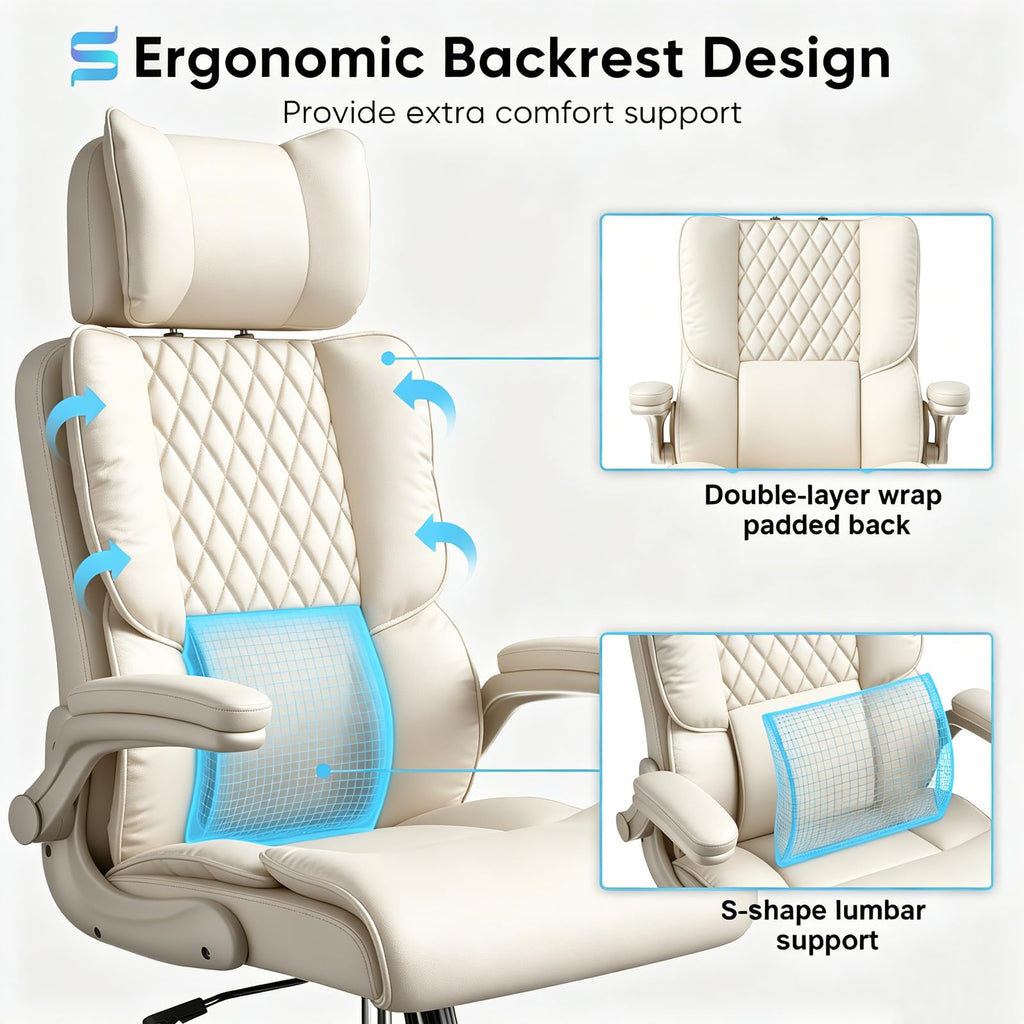 Sytas Ergonomic Office Chair with Adjustable Headrest, Executive Leather Desk Chair with Upgraded Lumbar Support for Lower Back Pain Relief,