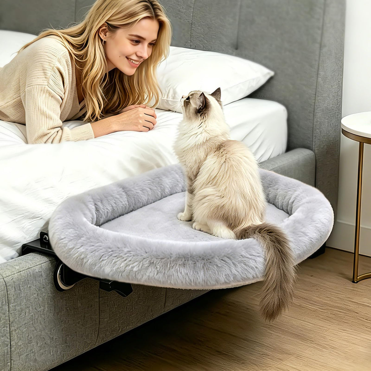 IPOW Heavy Duty Steel Frame 180°Rotating Cat Bedside Bed Semi-Circular Cat Bed for Bedside, Soft Faux Rabbit Fur Material, Suitable for Various Desktops-Maximum Hold Up to 40lb