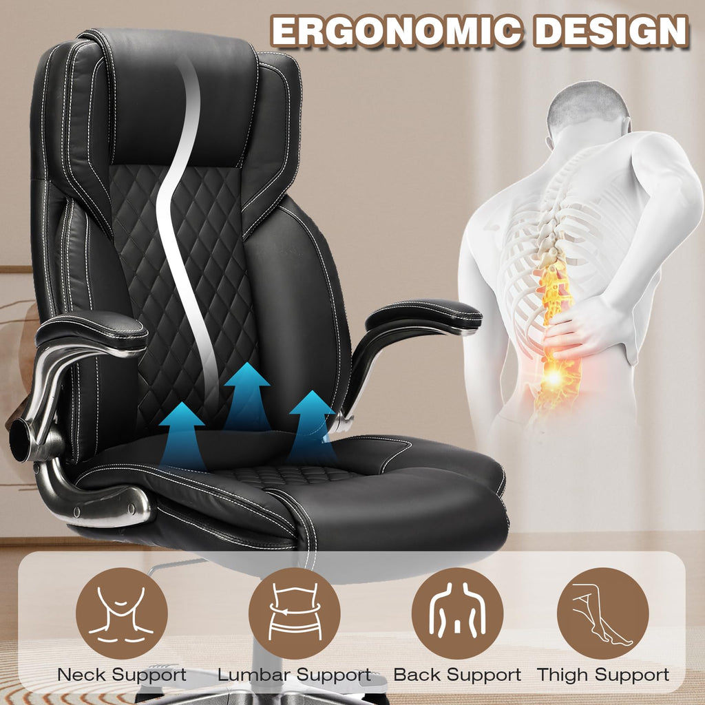 Reficcer Leather Executive Office Chair with Flip Up Arms, Black