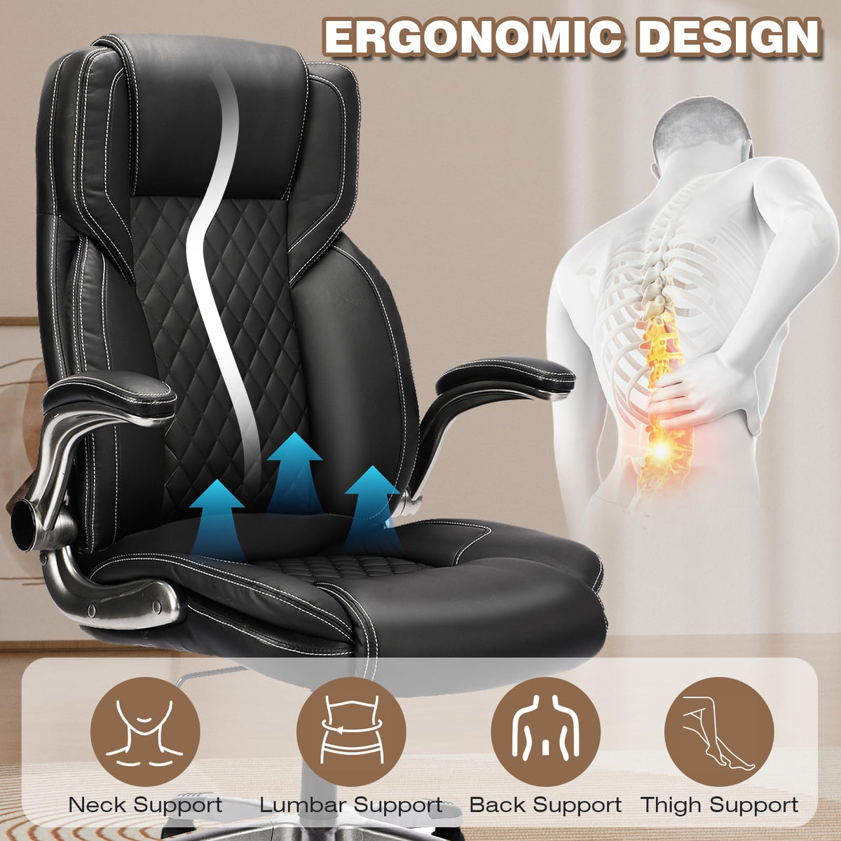Reficcer Leather Executive Office Chair with Flip Up Arms, Black