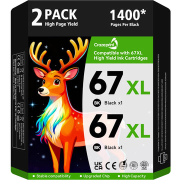 67XL Black Ink Cartridge Compatible for HP 67 Black Ink Cartridge Works with HP Deskjet 2855e 2800e 2700 2700e 2755 2755e 2852e 4255e 2827e 4100e 4155e Envy 6000 6055e 6455e Printer, 2 Pack