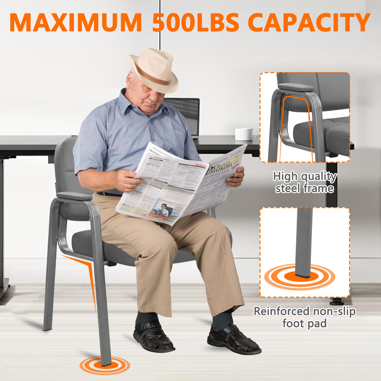 Clatina Big & Tall 500 Lbs Waiting Room Chair, Leather Office Reception Guest Chair No Wheels with Padded Arms for Elderly Home Desk Conference