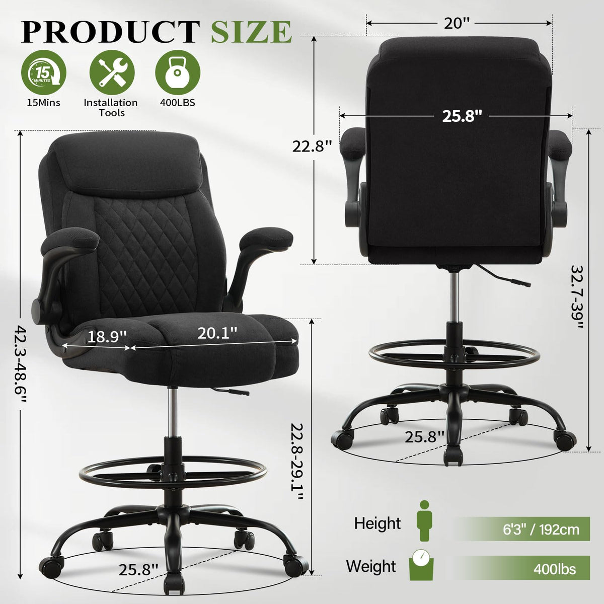Drafting Chair Tall Office Chair for Standing Desk, Ergonomic Tall Desk Chair with Adjustable Foot Ring, Flip-up Armrests, Lumbar Support,
