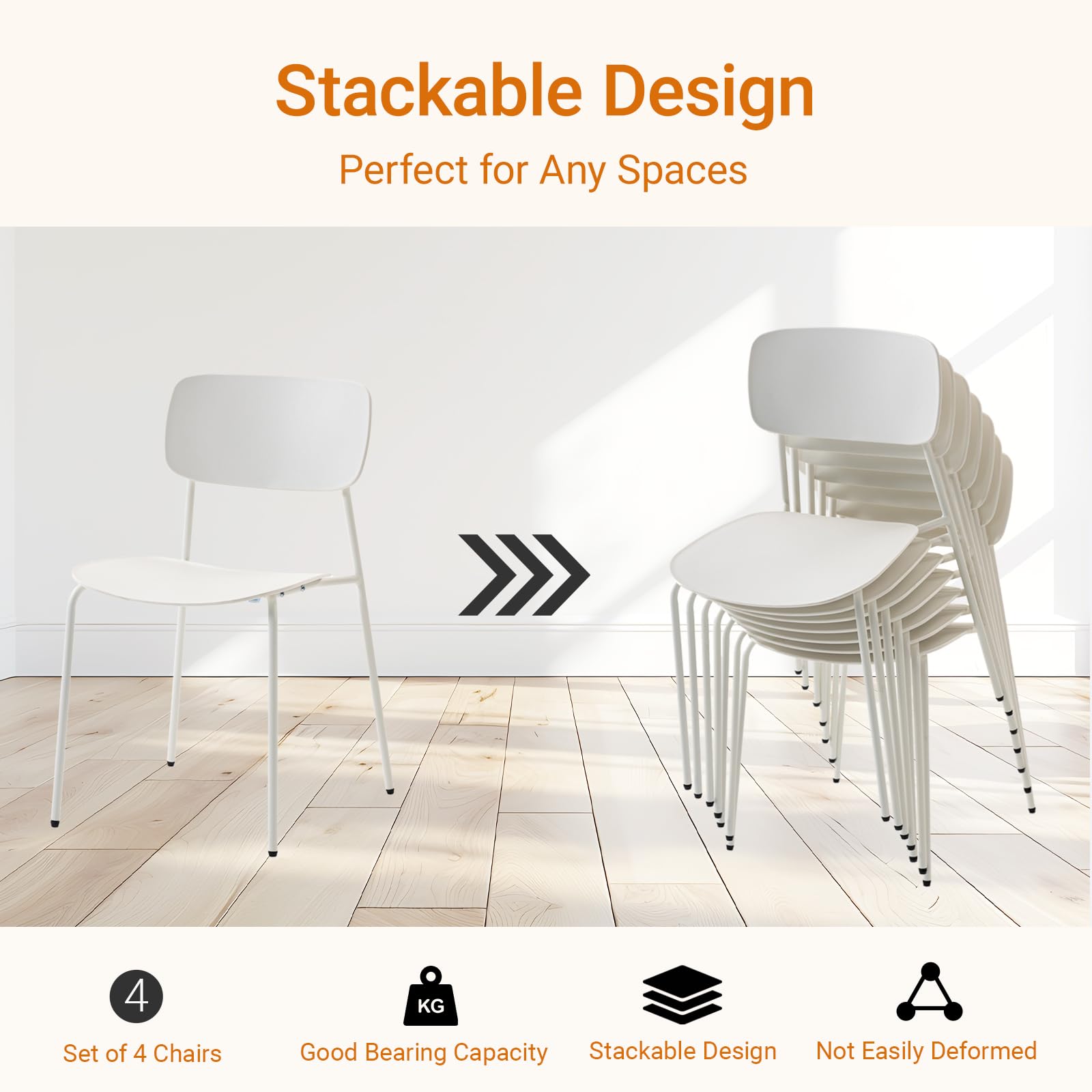 Sidanli Modern Stacking Chairs, White, Set of 4