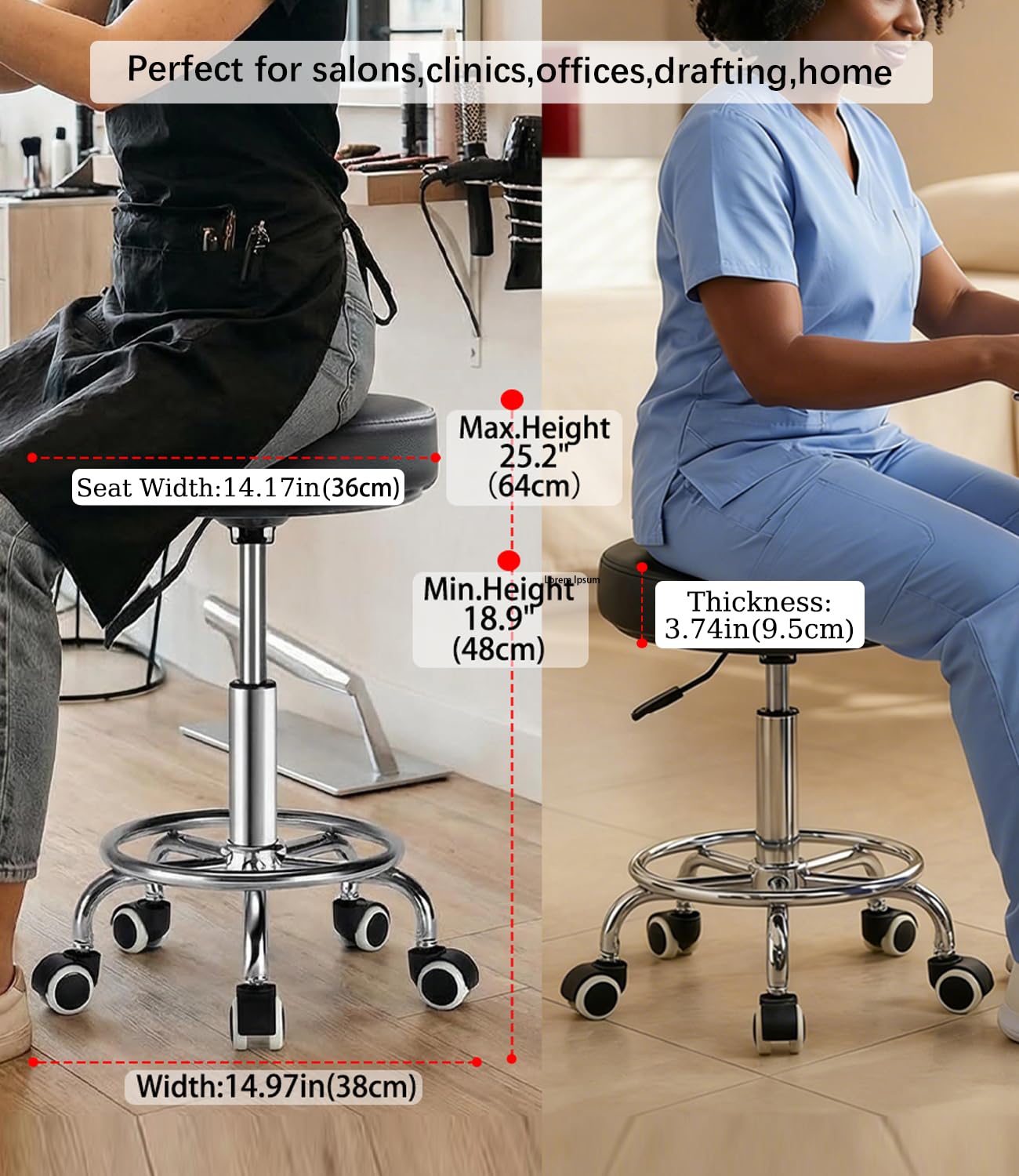 Wxgksa Adjustable Rolling Stool with Wheels 500lb,thick 9.5cm Cushion,30-second Assembly,heavy Duty Round Rolling Stool with Footrest,patent