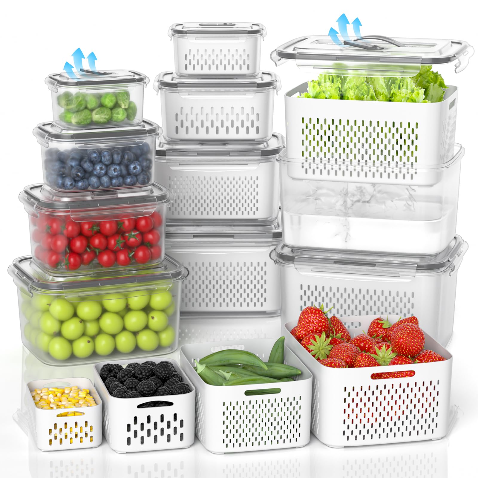10Pack Fruit Storage Containers for Fridge - Berry Containers with Vent and Handle Lids, Fruit Containers for Fridge with Colander, lettuce keeper for Refrigerator Organizers and Storage