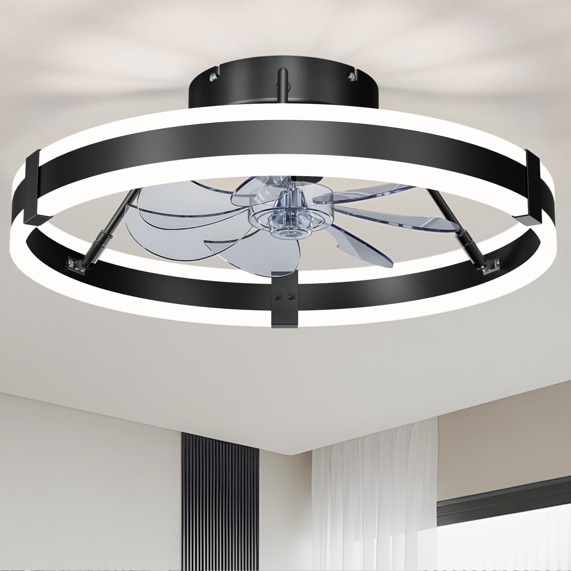 19.7" Low Profile Bladeless Ceiling Fan withLights & Remote -Flush Mount Fandelier LightFan for Bedroom/Kitchen, 3000-6000KDimmable LED, 6-Speed Modern Fan withLights for Home/Office